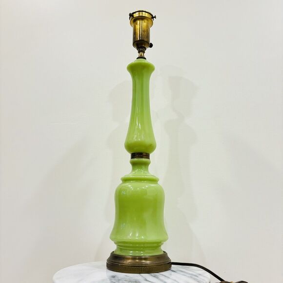 French Murano Style Glass Lamp Jadeite Lime Green Opaline 24” Tall Works